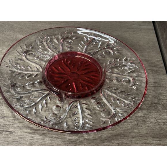 Vintage Cranberry Cut Glass Platter 3 Divided Sections 11.5” - Picture 5 of 7